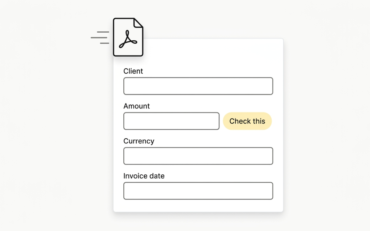 Invoice review form with fields filled from an uploaded invoice and one field marked Check this